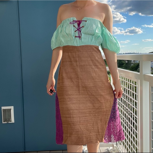 Vintage Corset Dress Puff Sleeve Color-block Midi - Picture 4 of 7